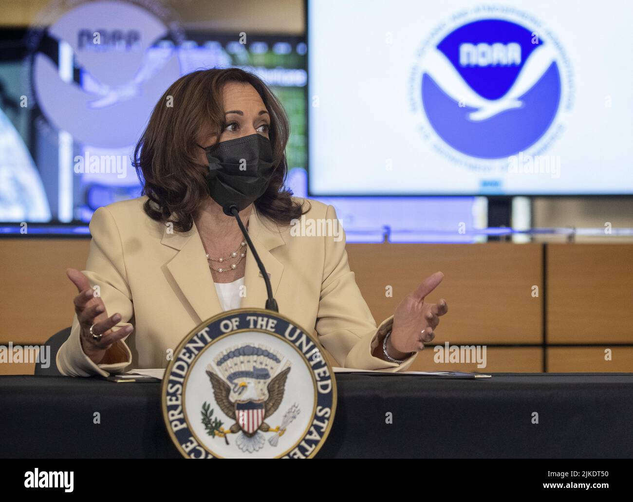 Miami, United States. 01st Aug, 2022. U.S. Vice President Kamala Harris speaks during a briefing on climate resilience as communities face climate risks including hurricanes, floods, drought, extreme heat, and wildfires, at National Hurricane Center in Miami, Florida, on Monday August 1, 2022. Photo by Cristobal Herrera-Ulashkevich/UPI Credit: UPI/Alamy Live News Stock Photo