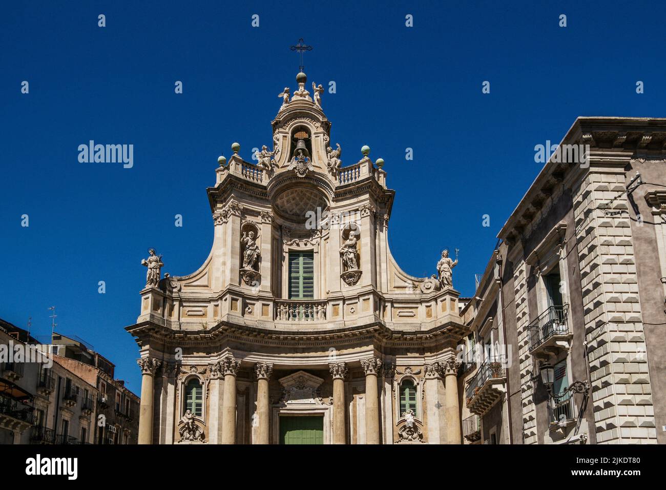 Façade of Basilica della Collegiata (Ancient Royal and Eminent Basilica Collegiate of Our Lady of the Alms). Via Etnea, Metropolitan City of Catania, Stock Photo