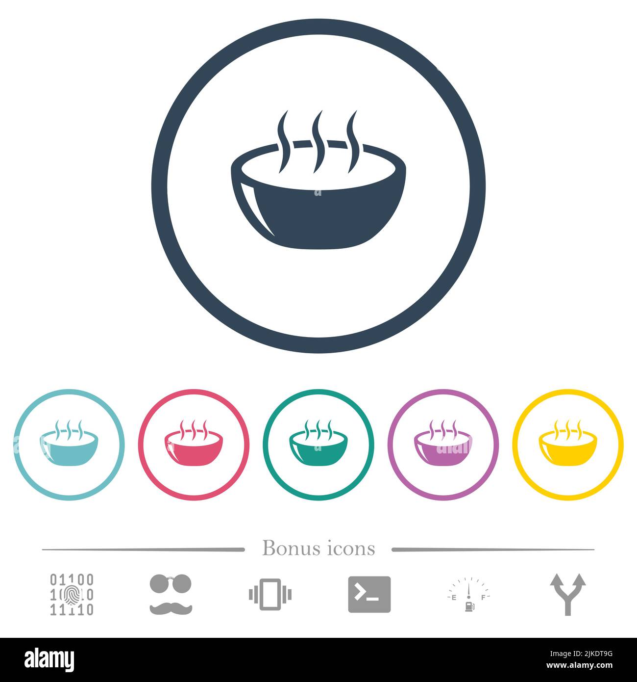 Glossy steaming bowl flat color icons in round outlines. 6 bonus icons included. Stock Vector