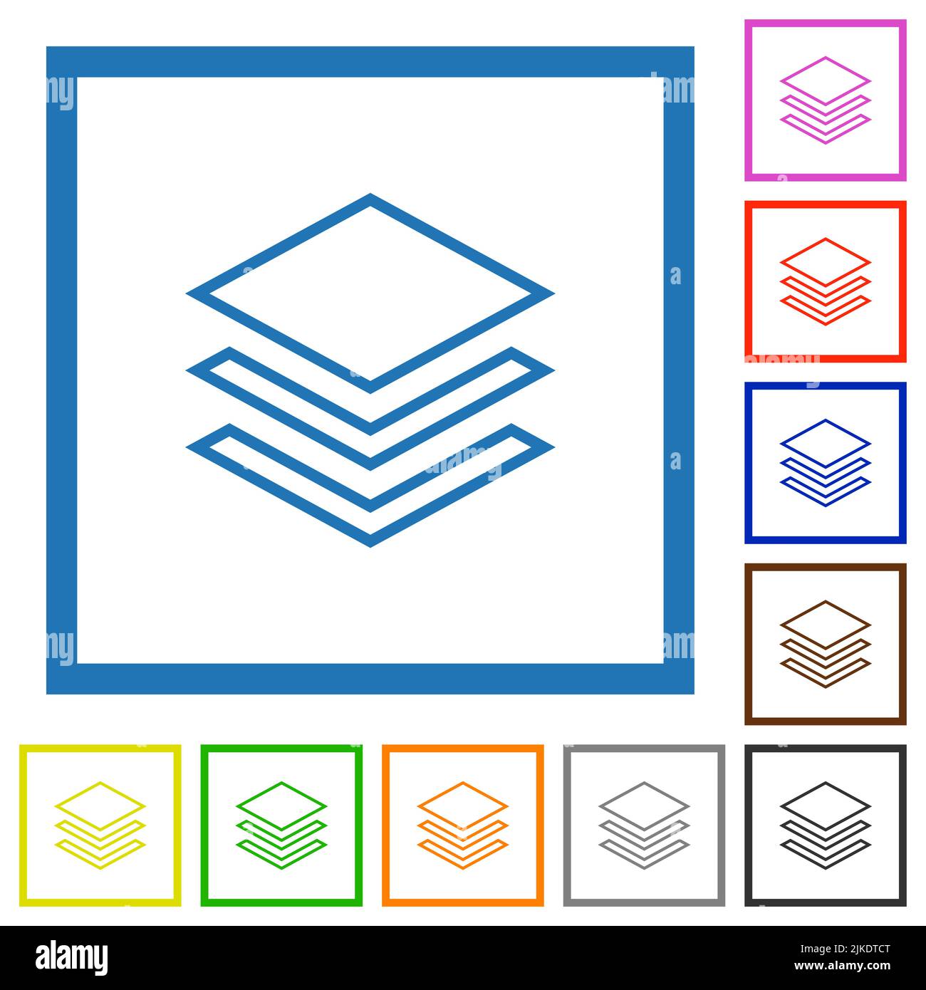 Layers outline flat color icons in square frames on white background ...