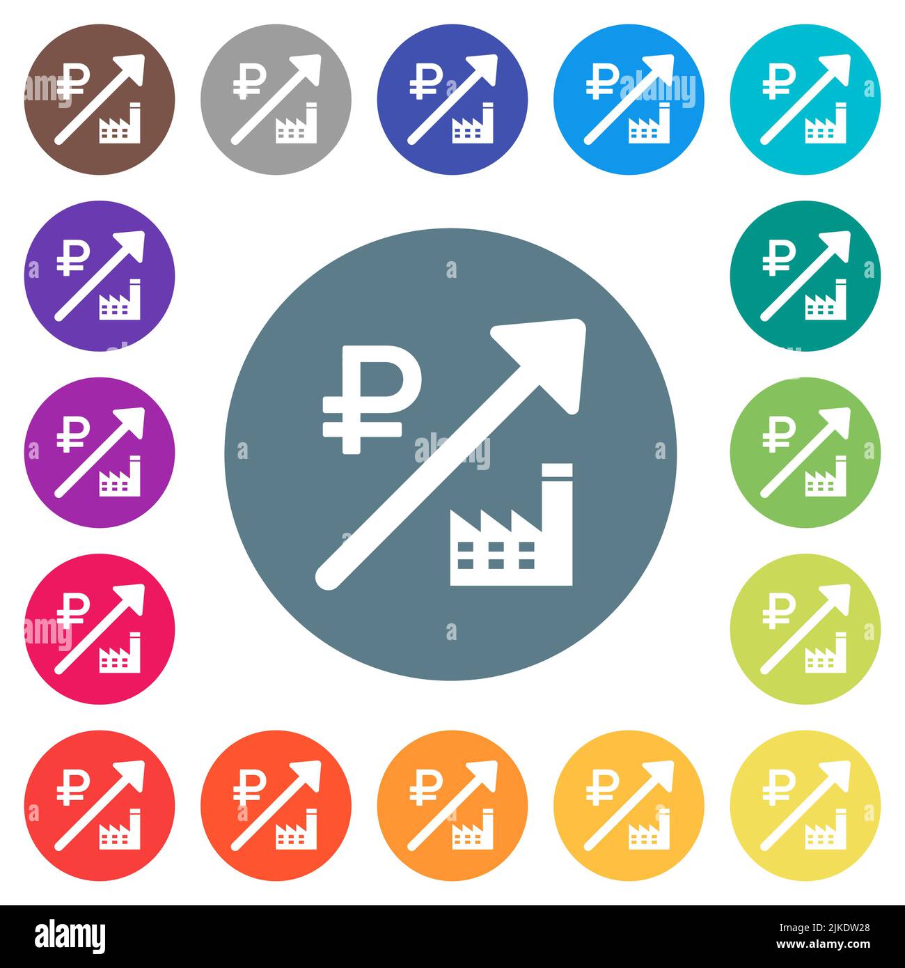 Rising power plant russian Ruble prices flat white icons on round color ...