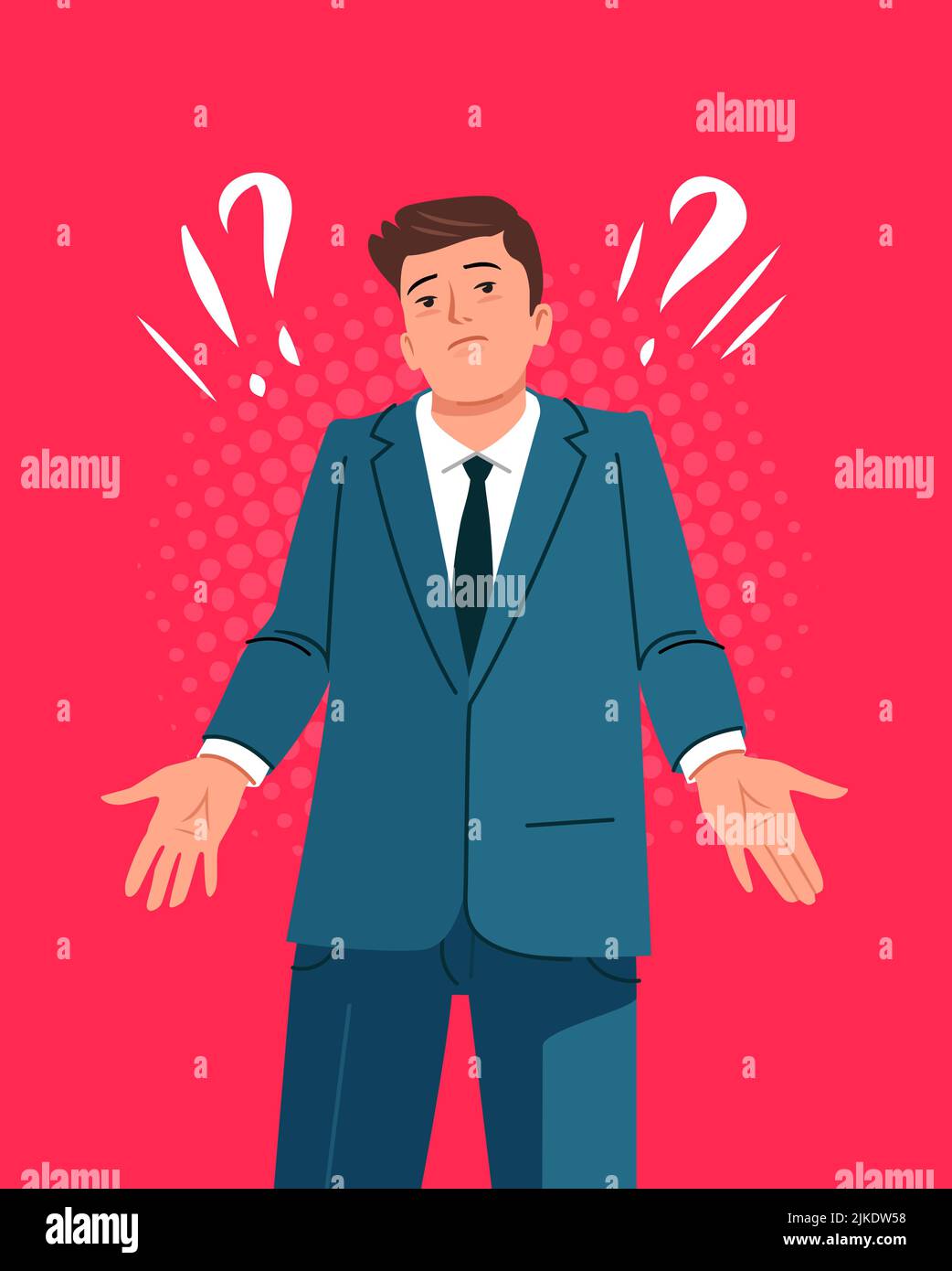 Confused men in doubts and thoughts. Puzzled pensive businessman and question mark. Business concept vector Stock Vector