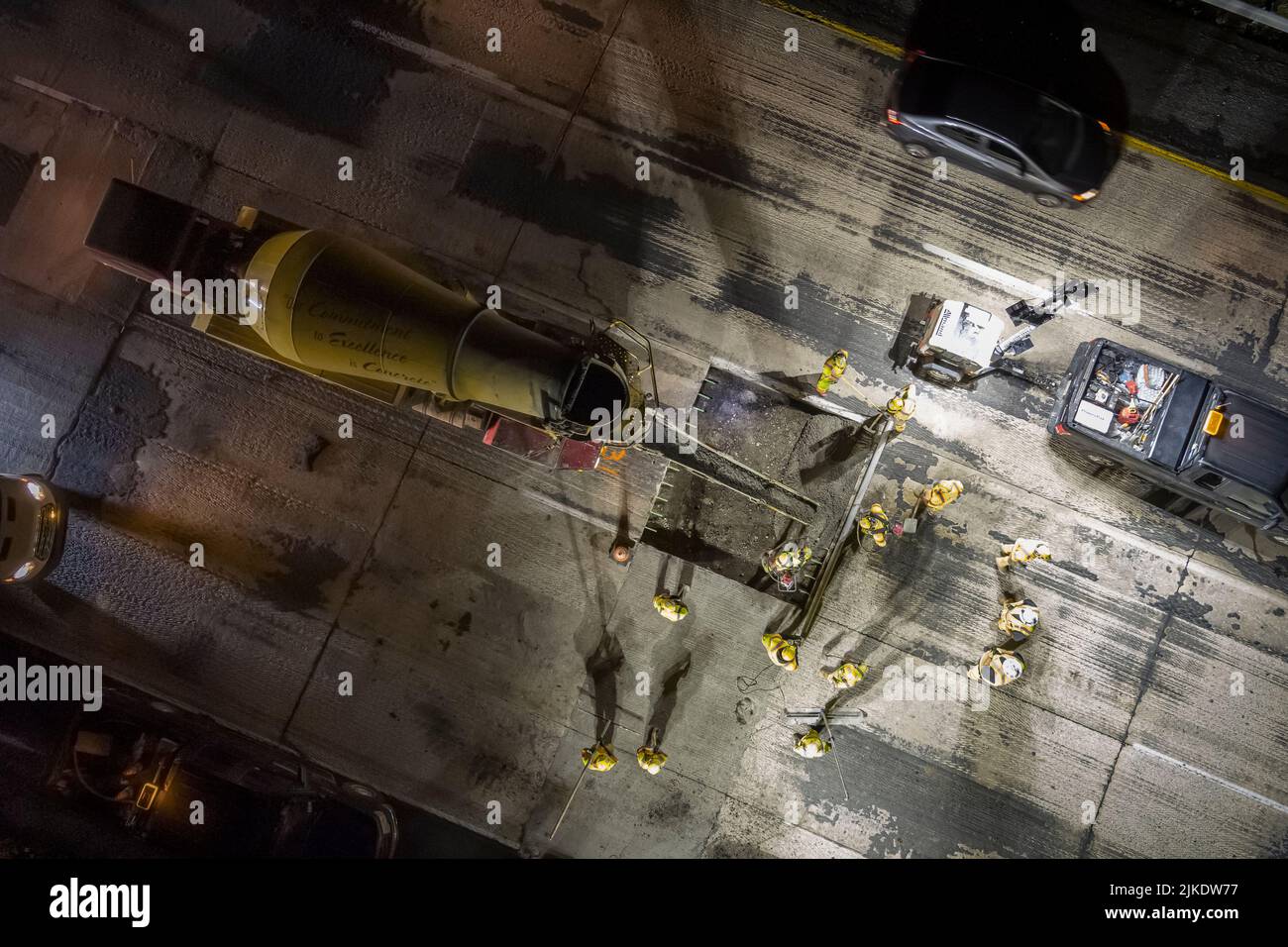 Aerial view of highway repair at night, Philadelphia, Pennsylvania, USA Stock Photo