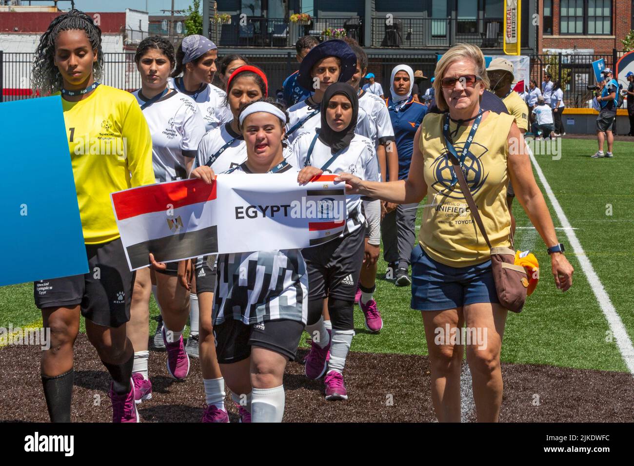 Detroit, Michigan, USA. 31st July, 2022. The Egyptian women's team marches onto the field during the opening ceremonies of the Special Olympics Unified Cup football (soccer) tournament. The Unified Cup pairs athletes with and without intellectual disabilities as teammates. Credit: Jim West/Alamy Live News Stock Photo