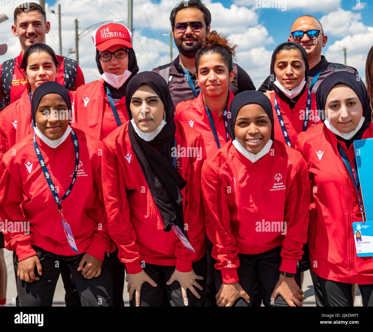 Detroit, Michigan, USA. 31st July, 2022. The United Arab Emirates (UAE) women's team poses for a photo before the beginning of the Special Olympics Unified Cup football (soccer) tournament. The Unified Cup pairs athletes with and without intellectual disabilities as teammates. Credit: Jim West/Alamy Live News Stock Photo