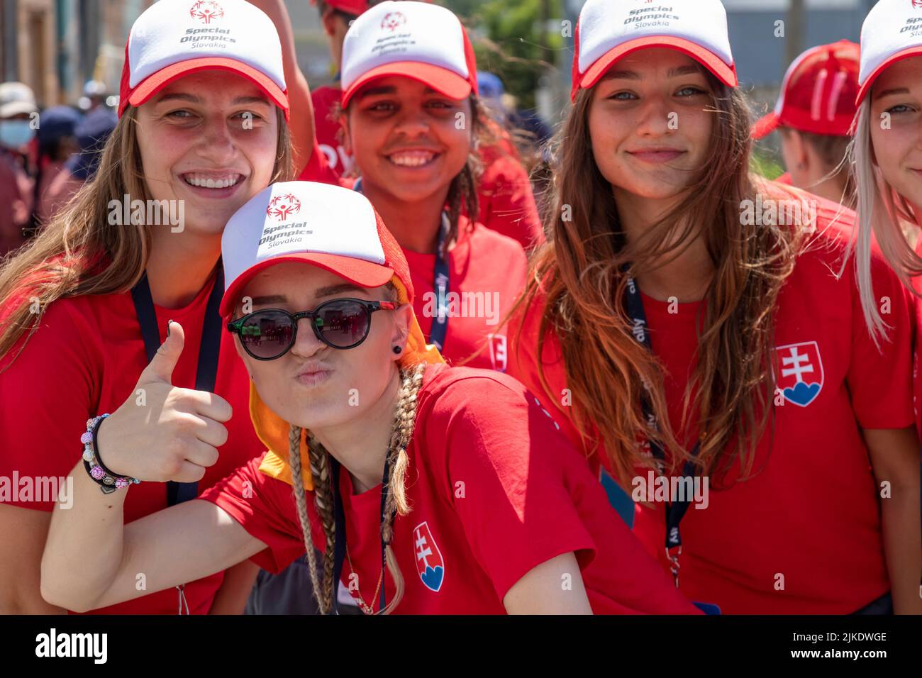 Detroit, Michigan, USA. 31st July, 2022. Members of the women's team from Slovakia pose for a photo before the start of the Special Olympics Unified Cup football (soccer) tournament. The Unified Cup pairs athletes with and without intellectual disabilities as teammates. Credit: Jim West/Alamy Live News Stock Photo