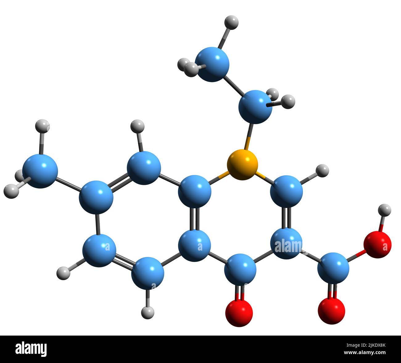 3D image of Nalidixic acid skeletal formula - molecular chemical structure of synthetic quinolone antibiotic isolated on white background Stock Photo