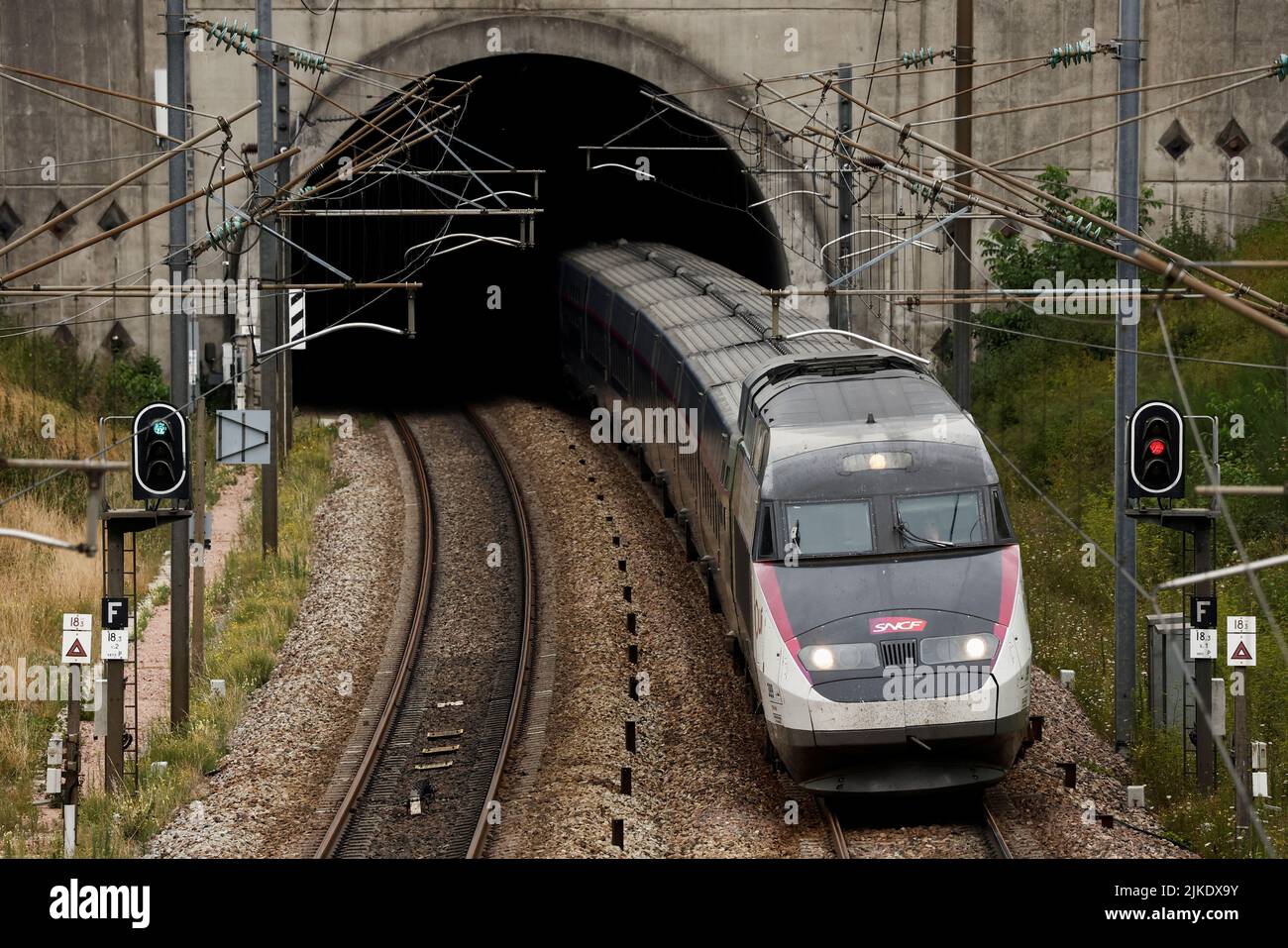 A TGV inOui high-speed train operated by state-owned railway company SNCF is seen on a rail track outside Villebon-Sur-Yvette, near Paris, France, August 1, 2022. REUTERS/Benoit Tessier Stock Photo