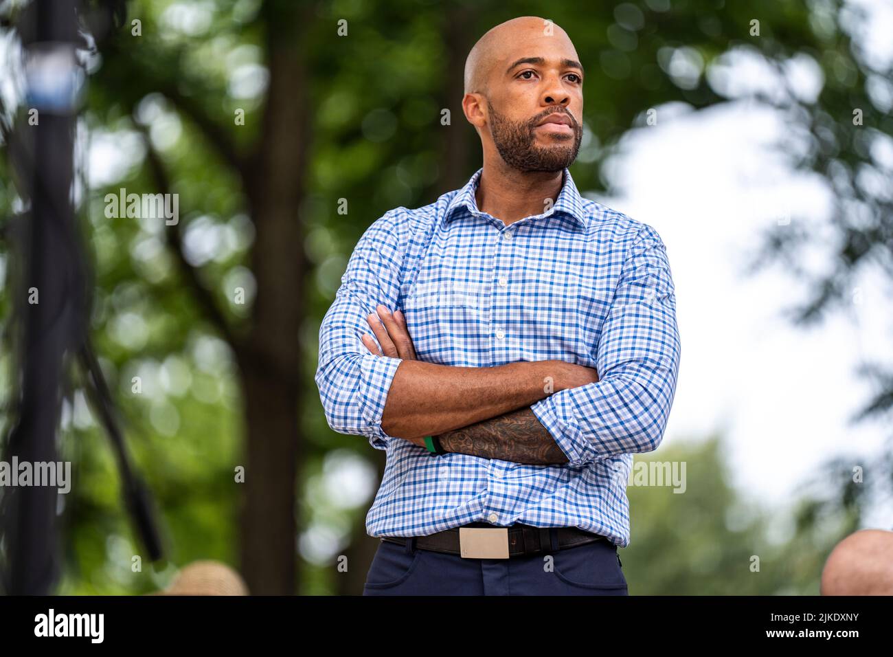 Mandela Barnes, a Democratic candidate for US Senator in Wisconsin, speaks to a crowd during an outdoor campaign event in the summer of 2022. Stock Photo