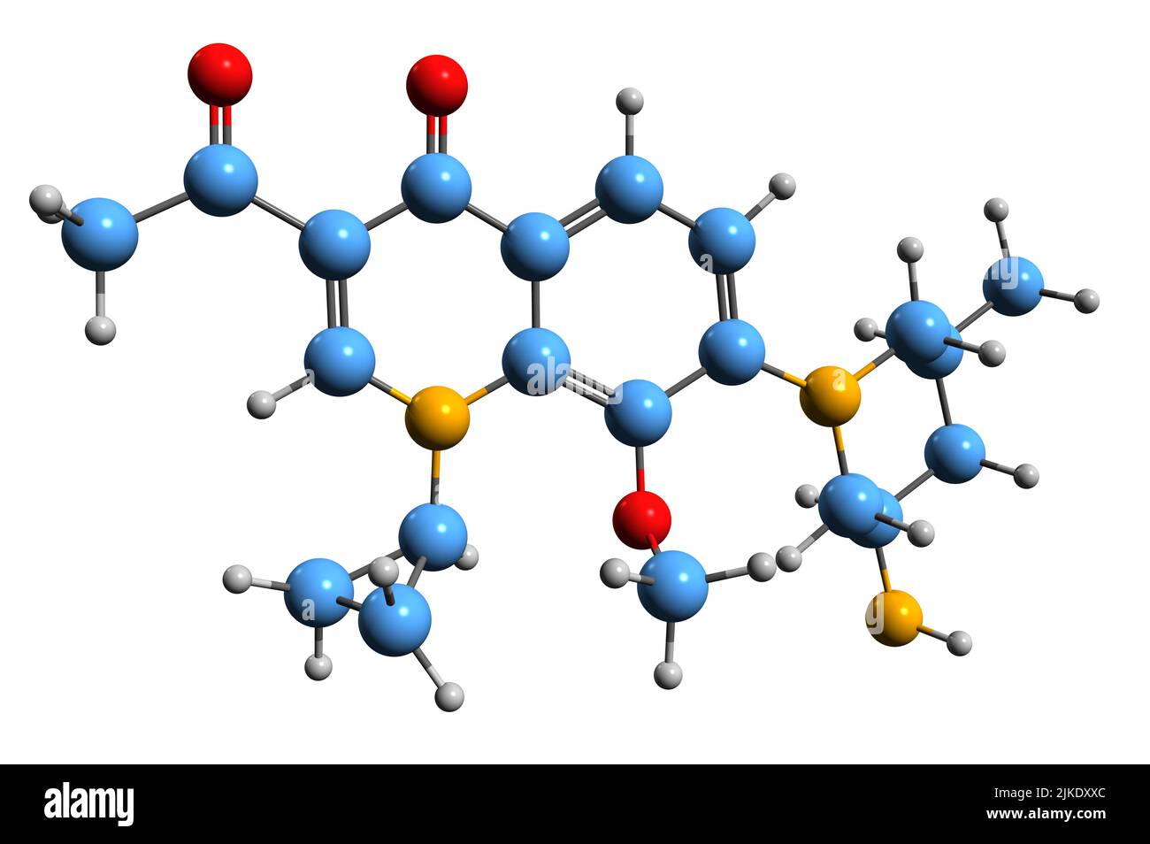 3D image of Nemonoxacin skeletal formula - molecular chemical structure of non-fluorinated quinolone antibiotic isolated on white background Stock Photo