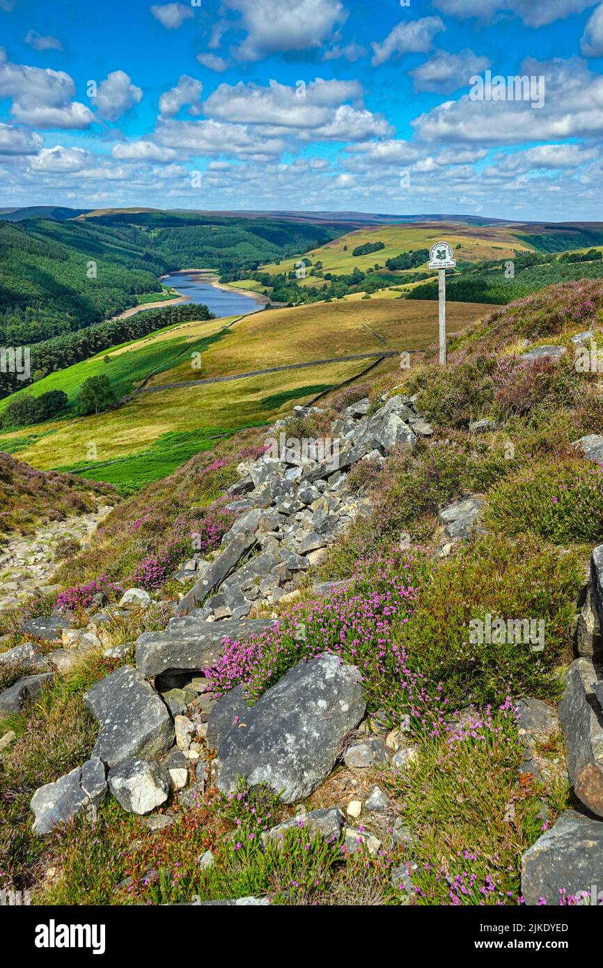 Signpost above Ladybower reservoir seen from above, from Derwent Edge, Peak District National park, Derbyshire, UK Stock Photo