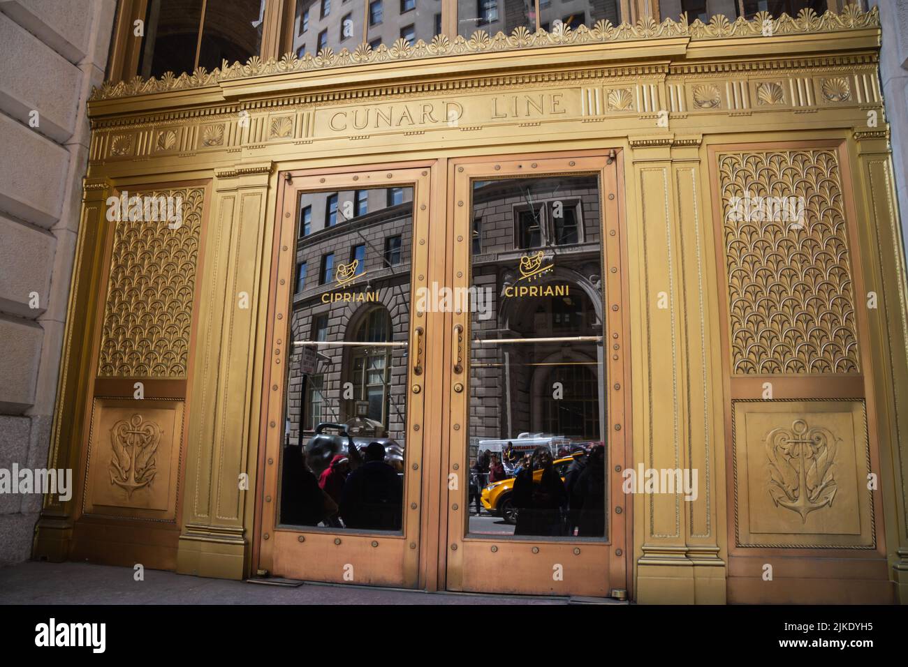 New York City, NY, USA April 29 2022: Cipriani Restaurant exterior doors at 25 Broadway in Lower Manhattan Financial District. The Wall Street Chargin Stock Photo