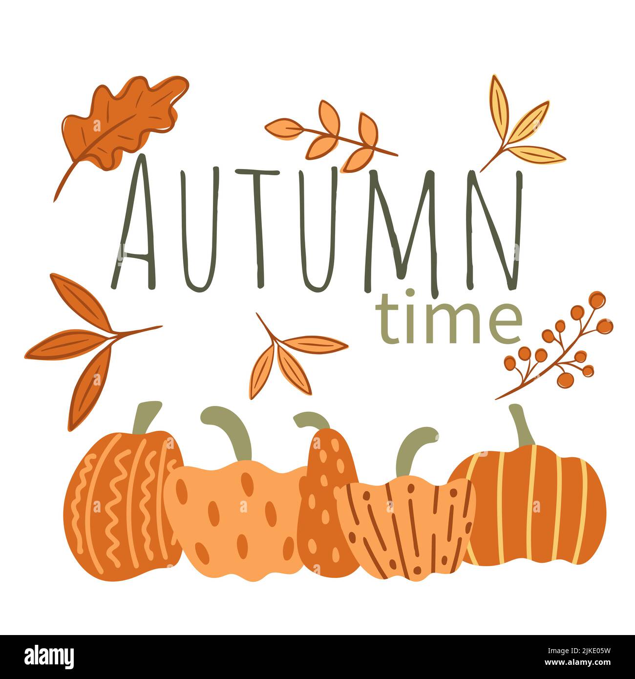 Autumn time card with inscription leaves and pumpkins. Autumn template vector illustration. Fall foliage, berries and vegetables are symbol autumn hol Stock Vector