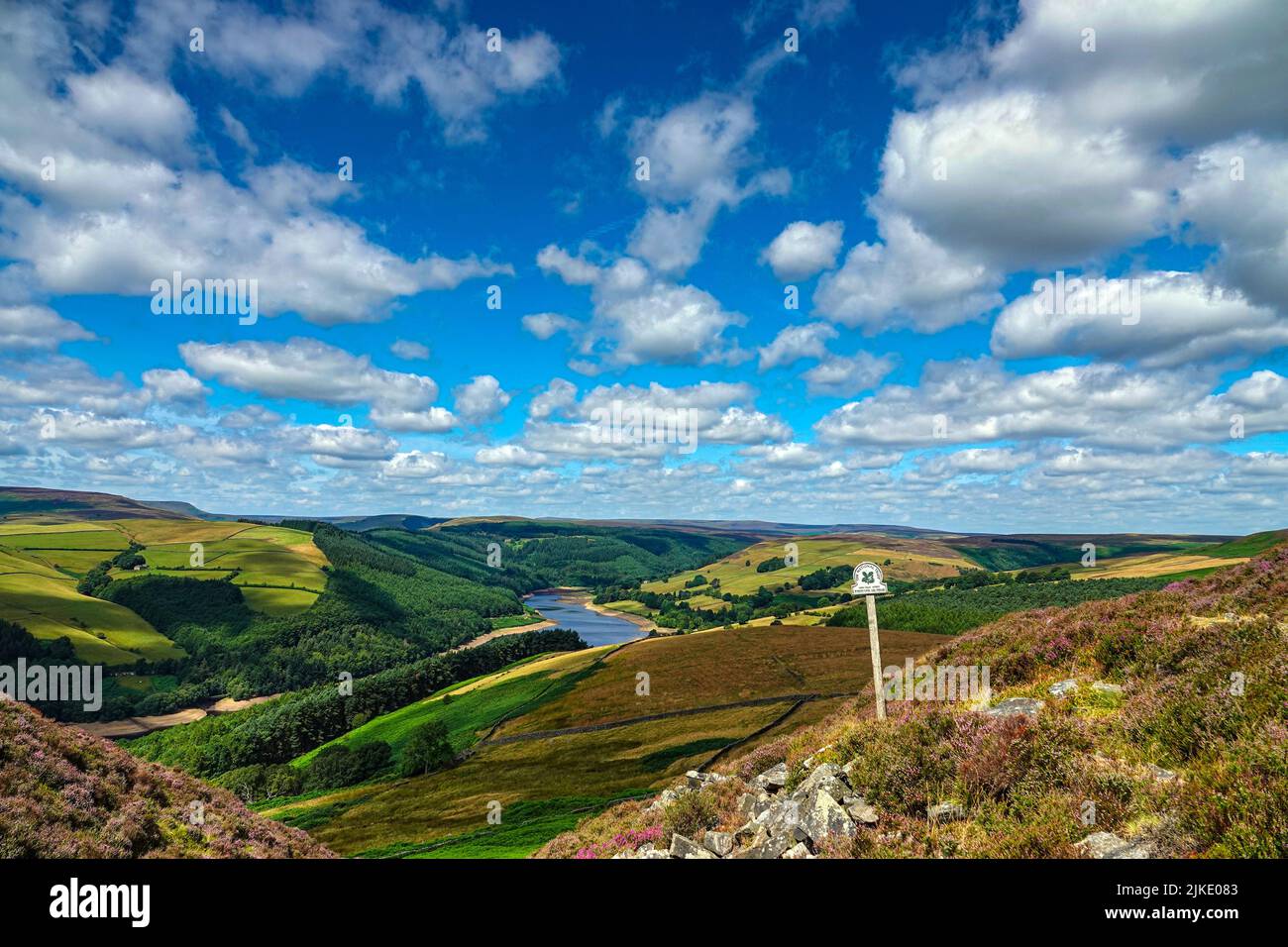Signpost above Ladybower reservoir seen from above, from Derwent Edge, Peak District National park, Derbyshire, UK Stock Photo