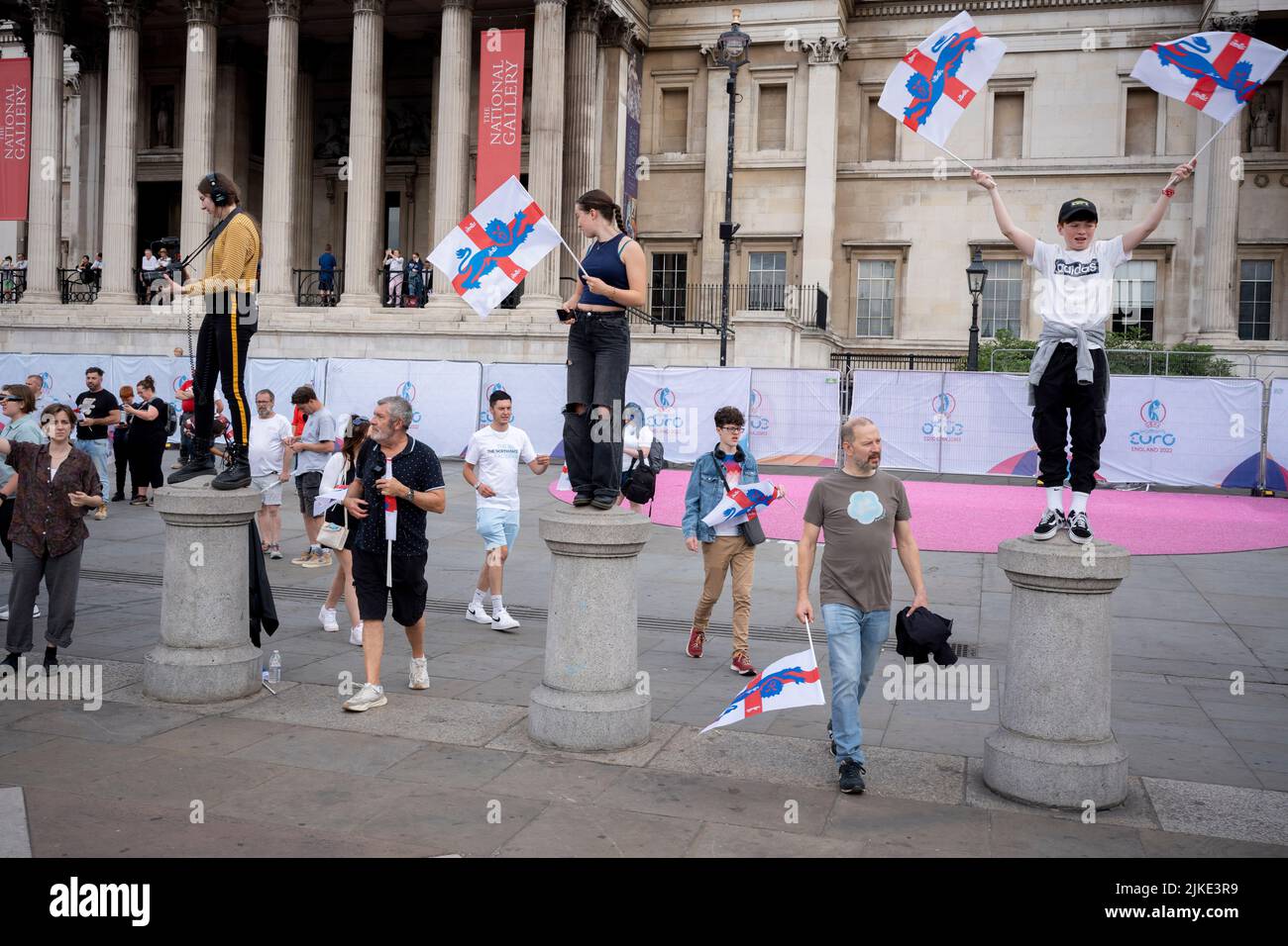 The day after the England Womens's Football team victory in the Euro 2022 tournament, in which they beat Germany 2-1 in extra time, English fans celebrate in Trafalgar Square, on 1st August 2022, in London, England. The free event was staged by the English Football Association where the winning women players (aka The Lionesses) appeared on stage in front of an adoring public consisting of families, parents, children and especially aspiring young women footballers of the future. Stock Photo