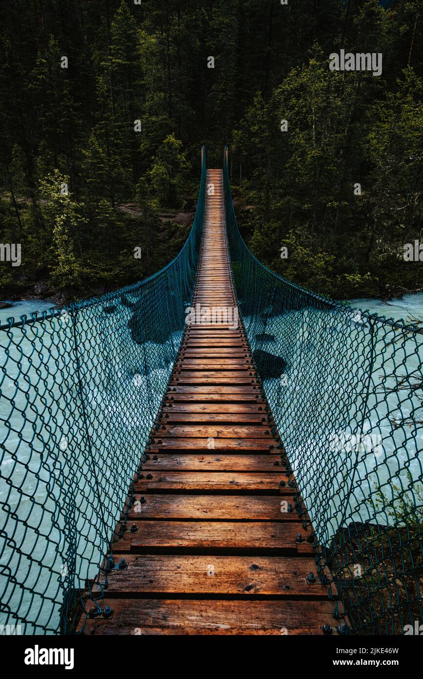 Wooden suspended bridge that you need to cross to get to Berg Lake, Mount Robson Provincial Park, British Columbia Stock Photo