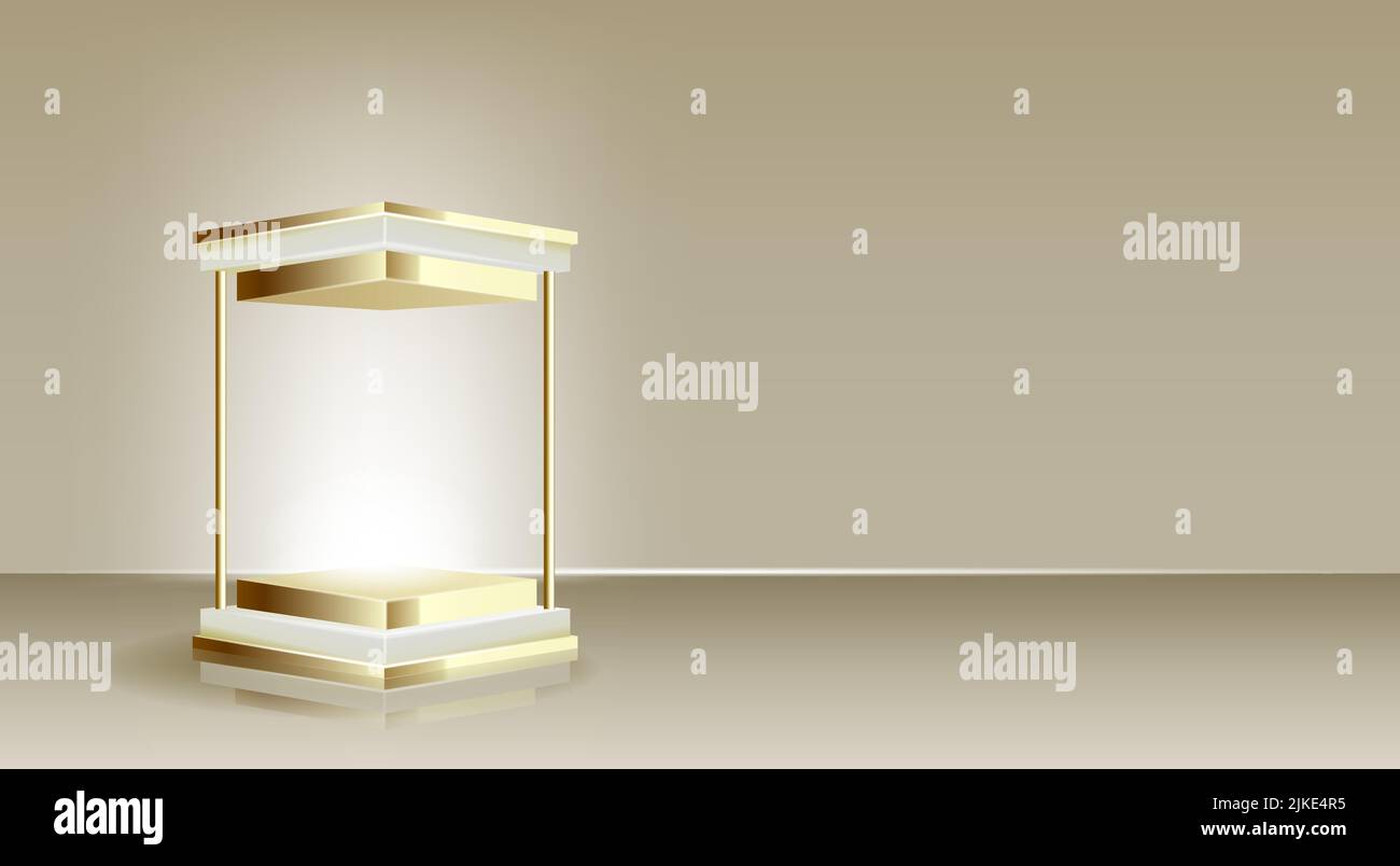 Luxury white, gold cube pedestal podiums. Geometric platforms. Vector