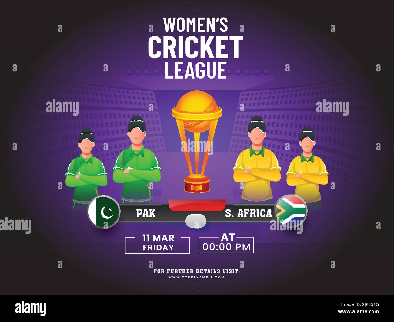 Women's Cricket Match Between Pakistan VS South Africa With Faceless Female Players, 3D Winning Trophy Cup On Purple And Black Stadium Background. Stock Vector