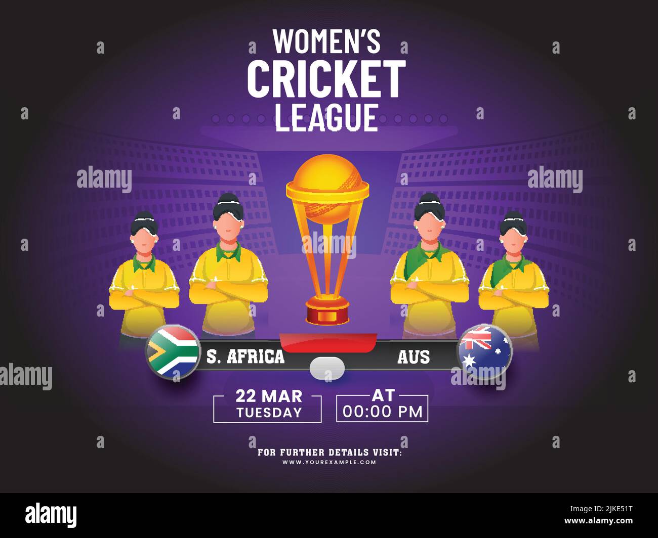 Women's Cricket Match Between South Africa VS Australia With Faceless Female Players, 3D Winning Trophy Cup On Purple And Black Stadium Background. Stock Vector