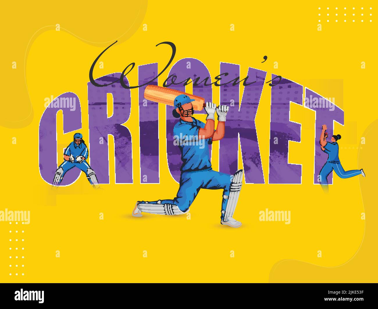 Stylish Women's Cricket Font With Female Cricketer Players In Different Poses On Chrome Yellow Background. Stock Vector