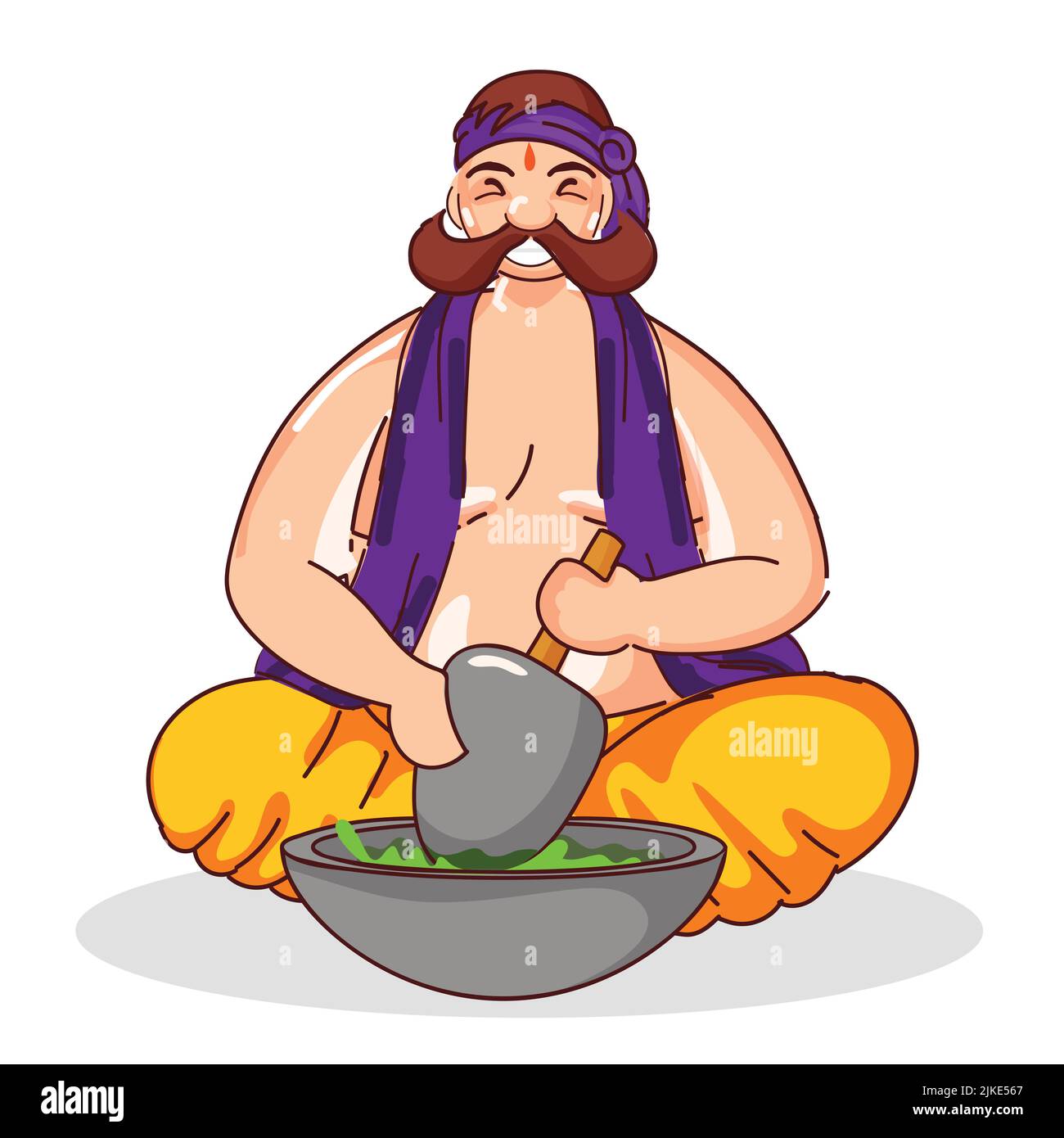 Cartoon Mustache Man Grinding Weed From Mortar And Pestle On White Background. Stock Vector