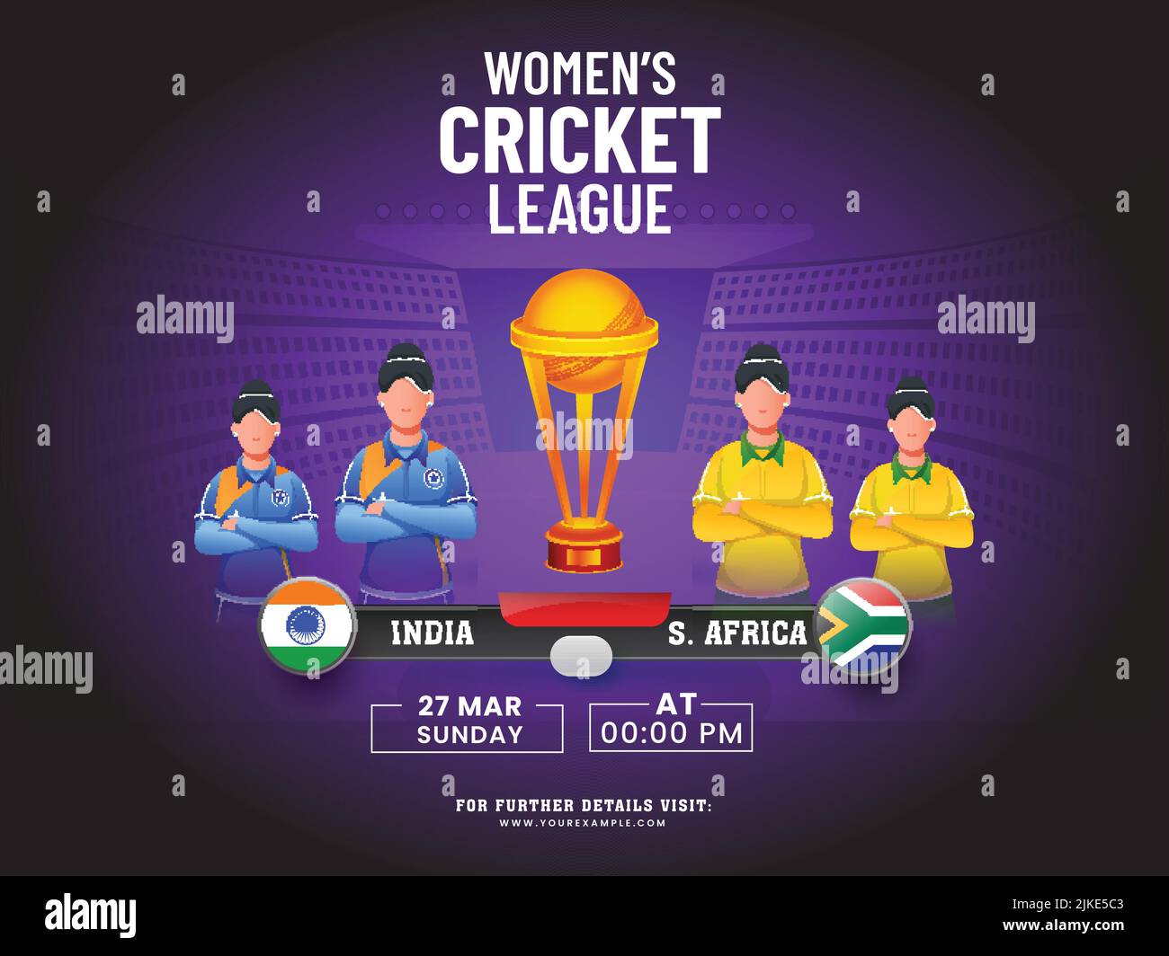 Women's Cricket Match Between India VS South Africa With Faceless Female Players, 3D Winning Trophy Cup On Purple And Black Stadium Background. Stock Vector