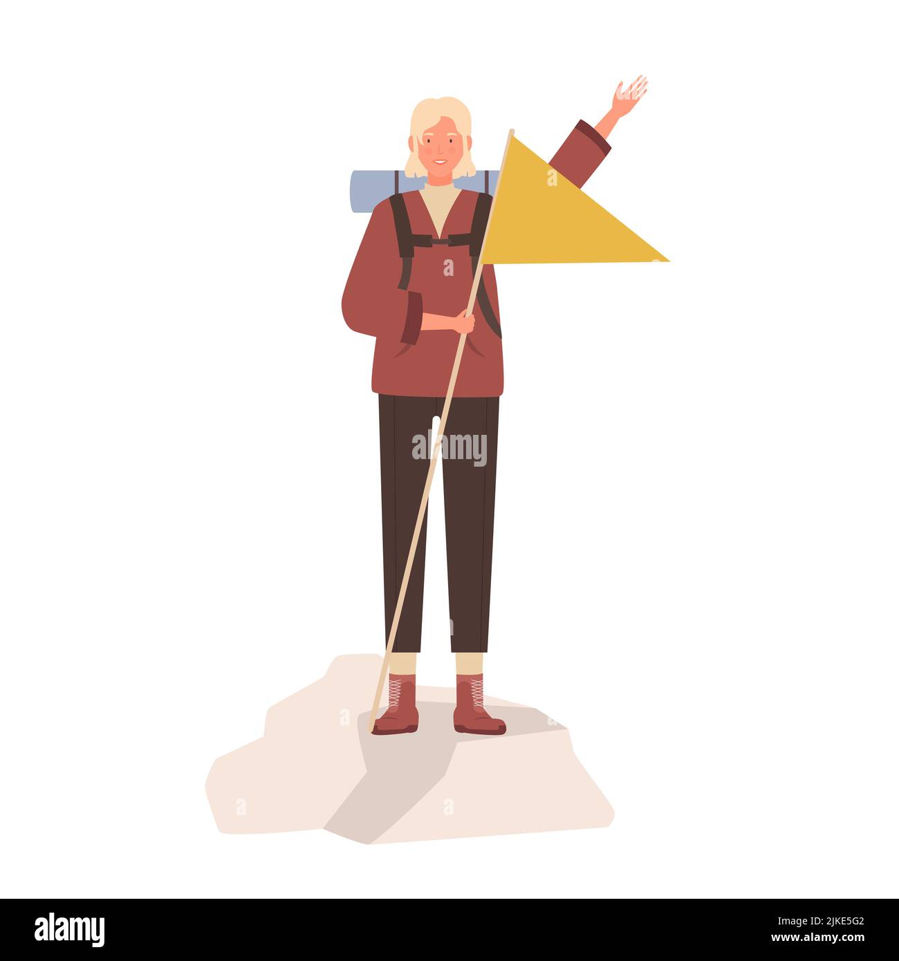 Female tourist on mountain holding flag. Hiking travelling with