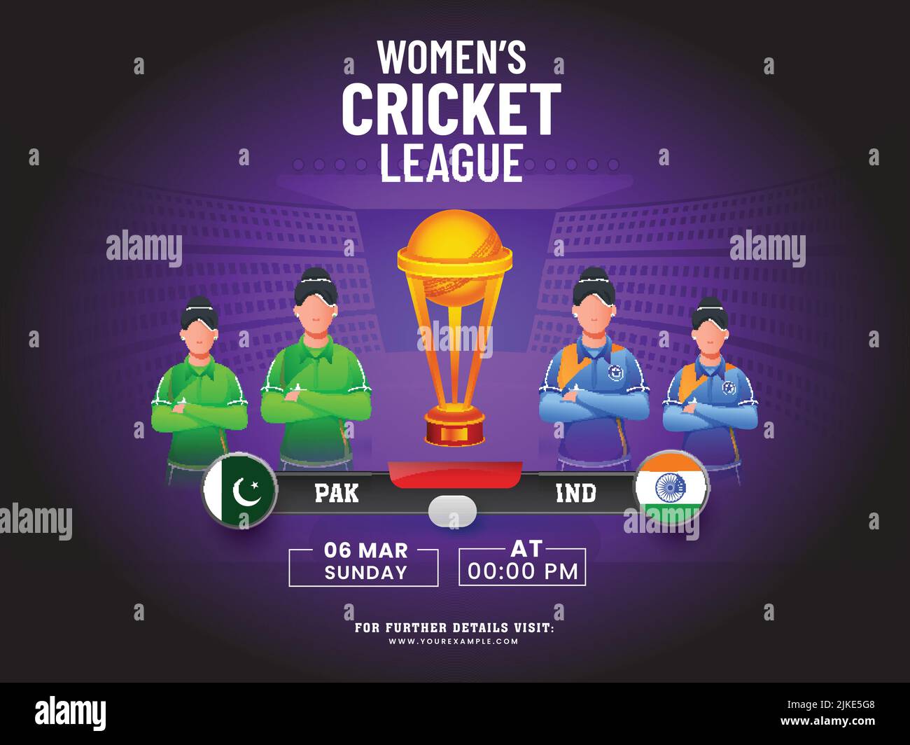 Women's Cricket Match Between Pakistan VS India With Faceless Female Players, 3D Winning Trophy Cup On Purple And Black Stadium Background. Stock Vector