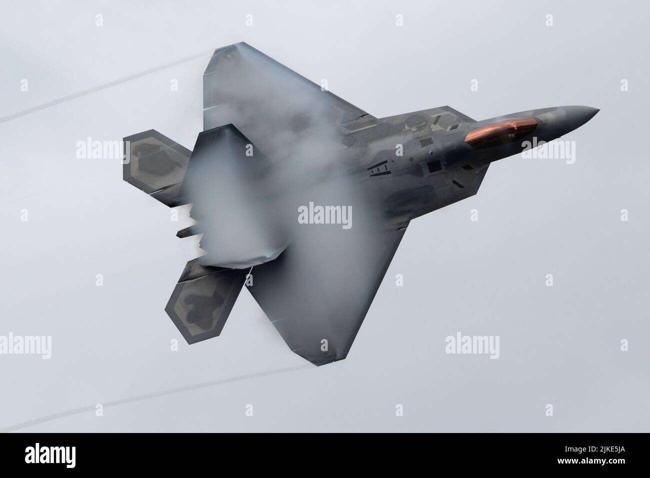 U.S. Air Force Maj. Joshua 'Cabo' Gunderson, commander of the Air Combat Command F-22 Raptor Demonstration Team from Langley Air Force Base, Hampton, Va., performs during the Arctic Thunder Open House at Joint Base Elmendorf-Richardson, Alaska, July 31, 2022. The team flies at airshows around the globe, performing maneuvers that demonstrate the capabilities of the fifth-generation fighter aircraft. (U.S. Air Force photo by Alejandro Peña) Stock Photo