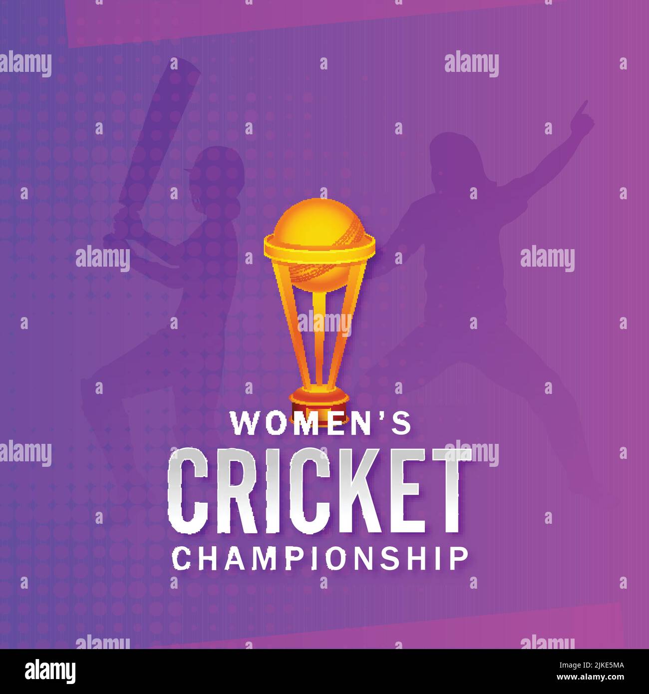 Women's Cricket Championship Font With 3D Winning Trophy Cup And Silhouette Female Cricketer Players On Purple Halftone Background. Stock Vector