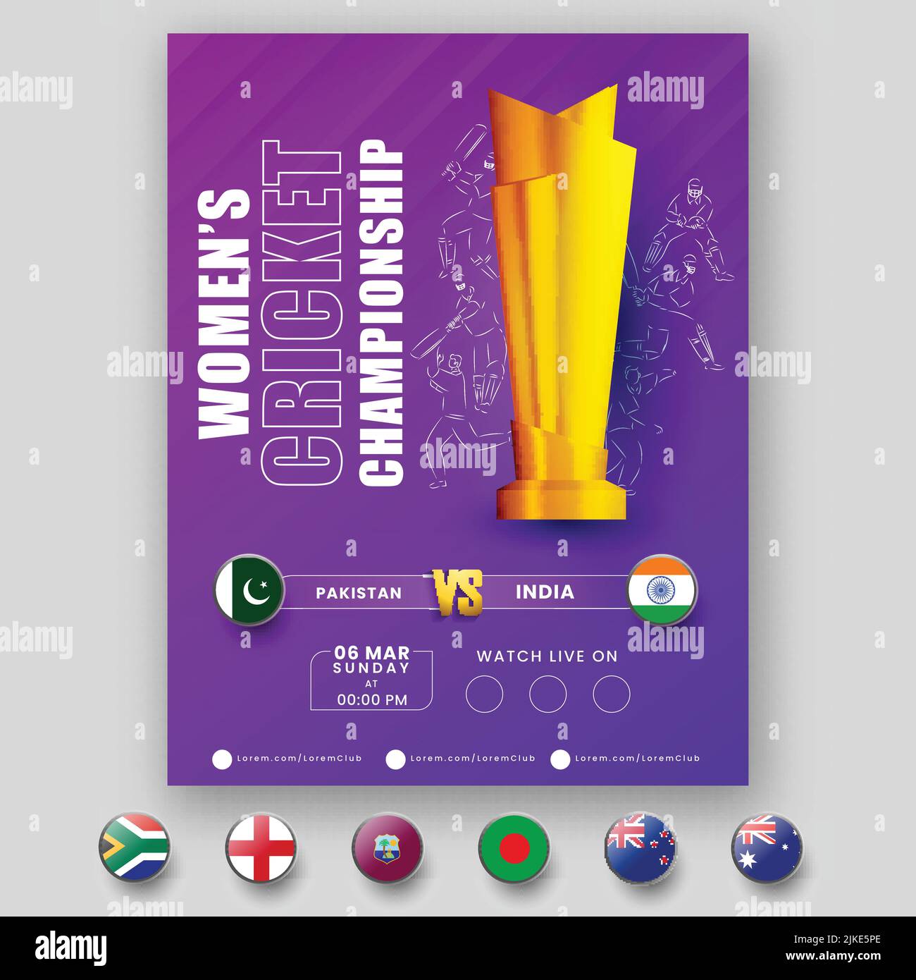 Women's Cricket Match Participating Countries Flag Badge With Pakistan VS India Highlighted And 3D Golden Trophy Cup On Purple Background. Stock Vector