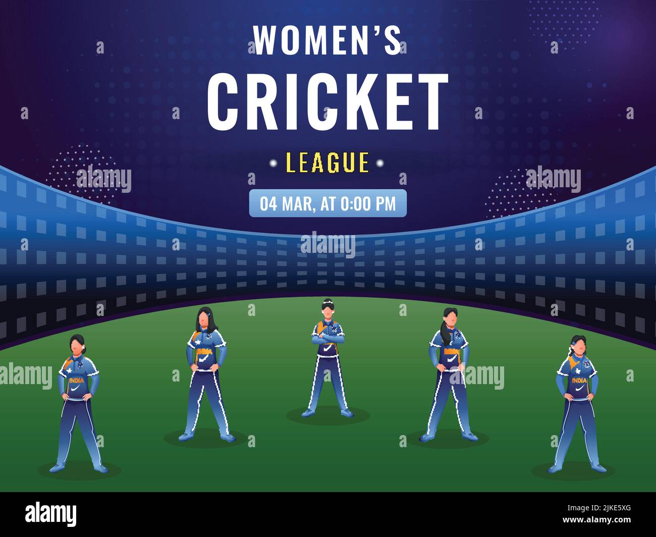 Women's Cricket League Concept With India Female Cricketer Players On Green And Blue Playground View. Stock Vector