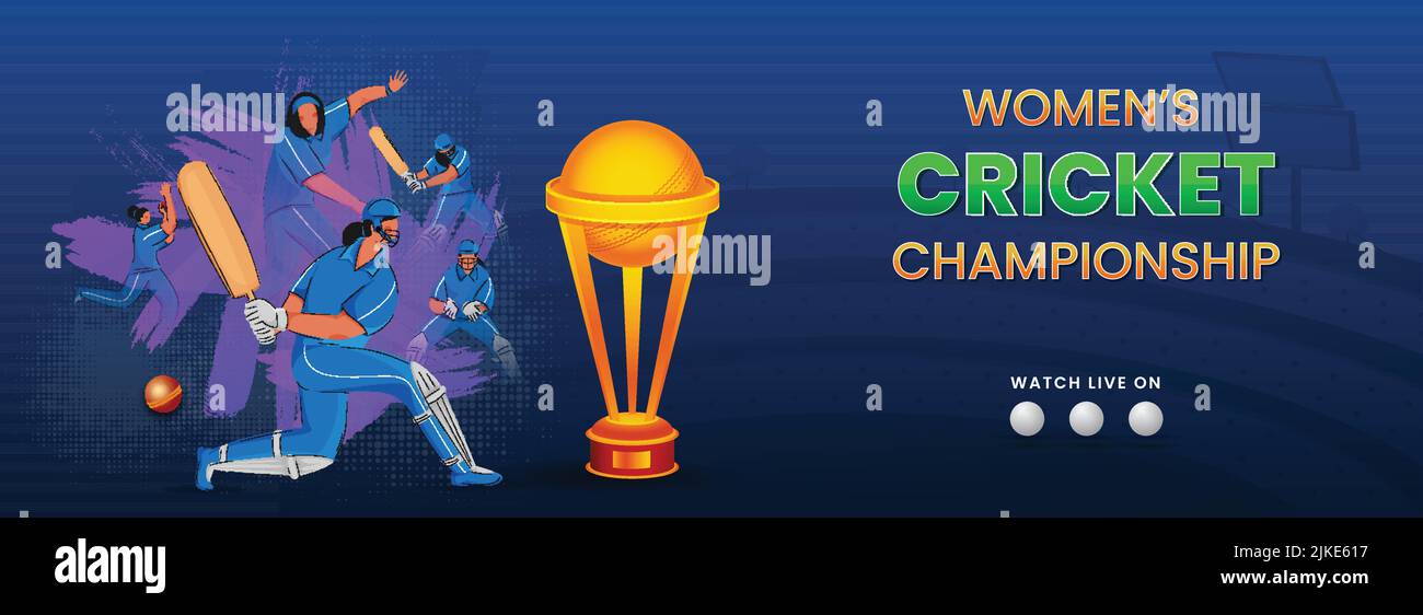 Women's Cricket Championship Concept With Female Cricketer Players In Playing Pose, 3D Trophy Cup And Purple Brush Effect On Blue Halftone Background. Stock Vector