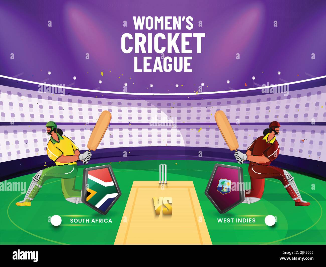 Women's Cricket Match Between South Africa VS West Indies With 3D Flag Shield And Batter Players Character On Stadium View Background. Stock Vector