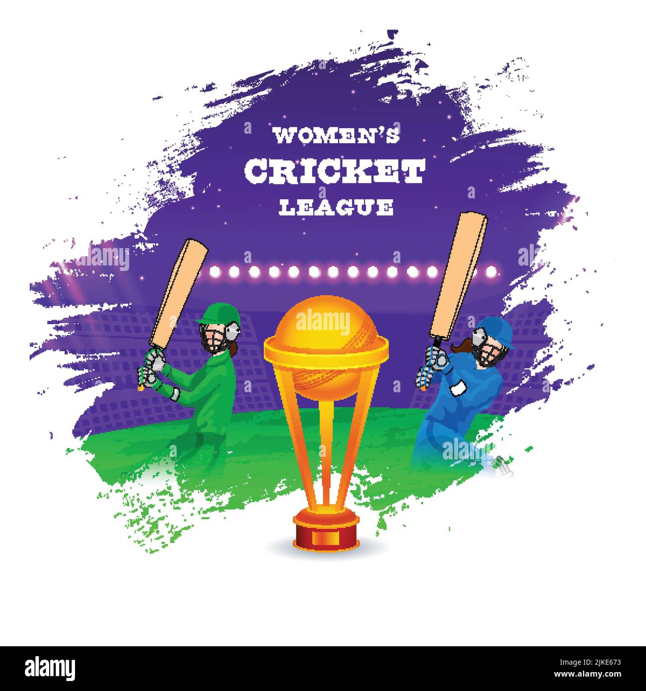 Women's Cricket Match Between Pakistan VS India With Batter Players, 3D Winner Trophy Cup And Brush Grunge Effect Againsy White Background. Stock Vector