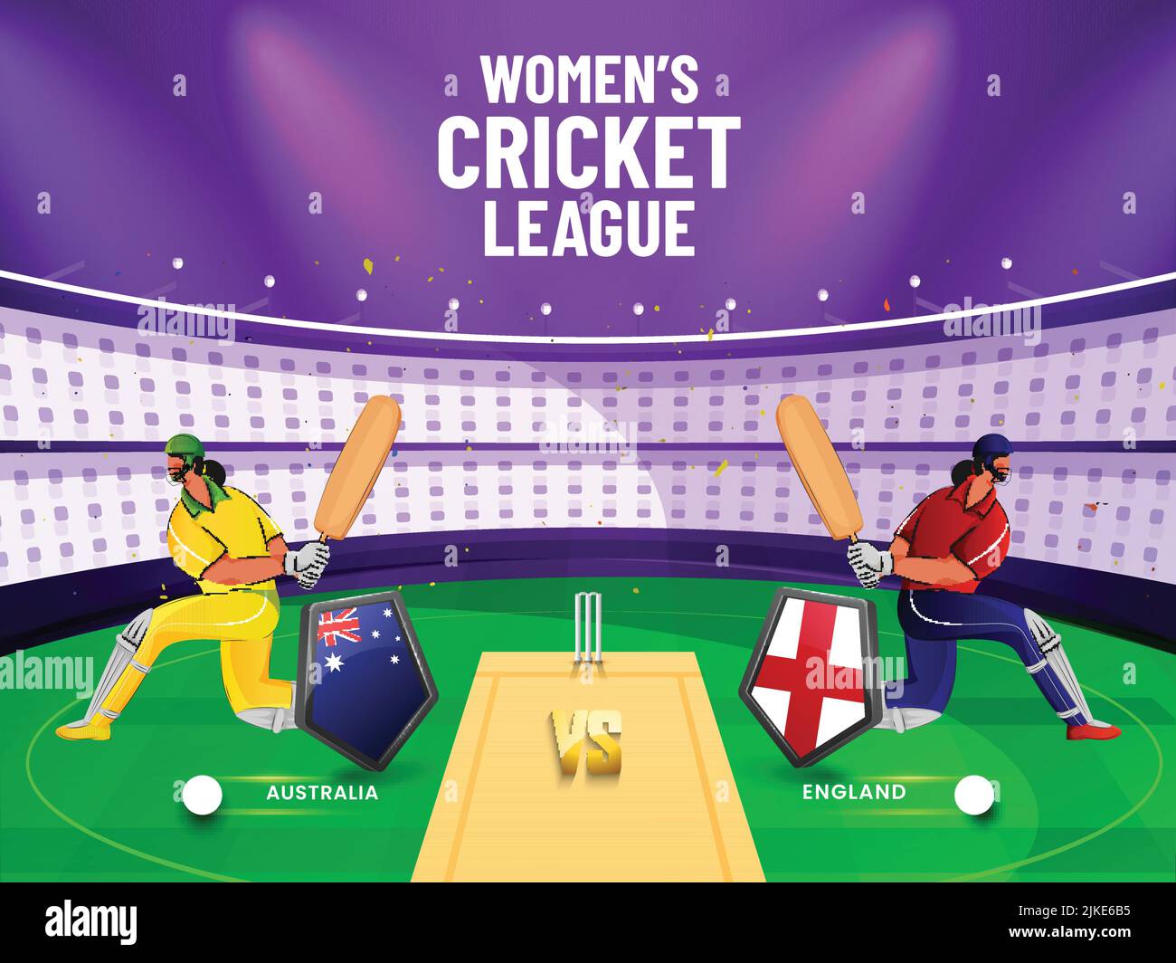 Women's Cricket Match Between Australia VS England With 3D Flag Shields And Batter Players Character On Stadium View Background. Stock Vector