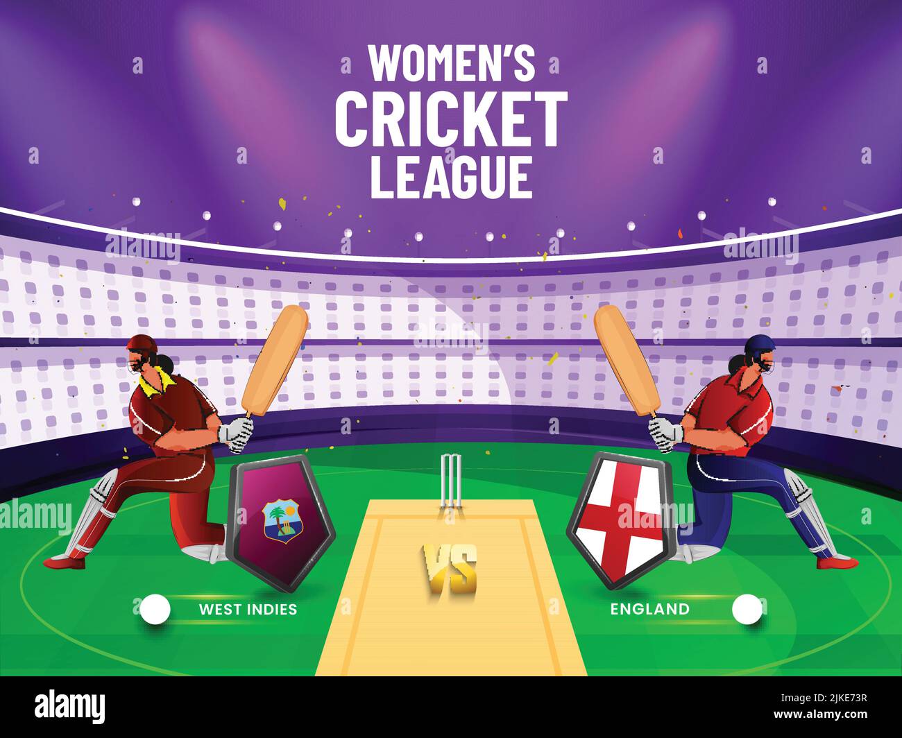 Women's Cricket Match Between West Indies VS England With 3D Flag Shields And Batter Players Character On Stadium View Background. Stock Vector