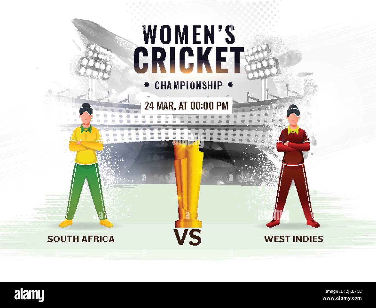 Women's Cricket Match Between South Africa VS West Indies With Faceless Players And Golden Trophy Cup On Abstract Grunge Stadium Background. Stock Vector