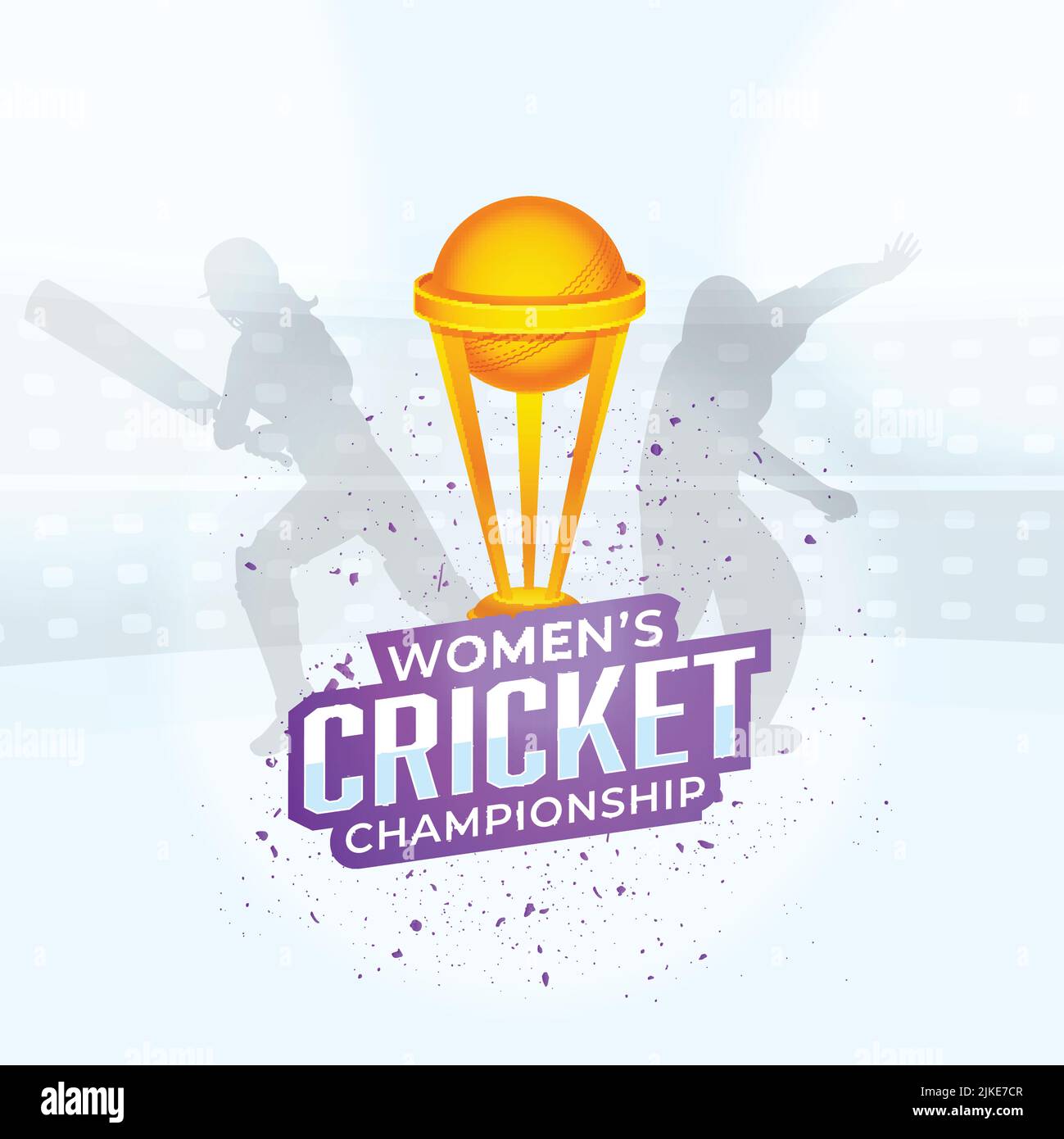 Sticker Style Women's Cricket Championship Font With 3D Winning Trophy Cup And Silhouette Cricketer Players On White And Blue Background. Stock Vector