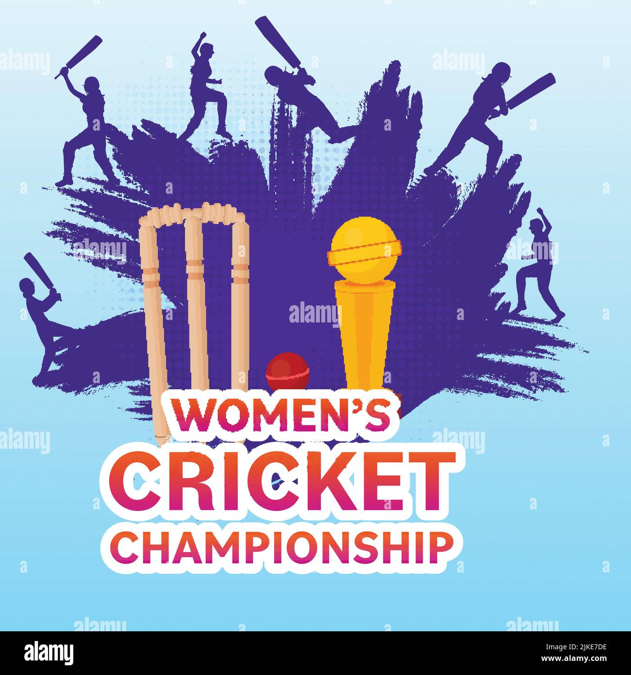 Sticker Style Women's Cricket Championship Font With Winning Trophy Cup, Silhouette Players And Violet Brush Effect On Blue Background. Stock Vector