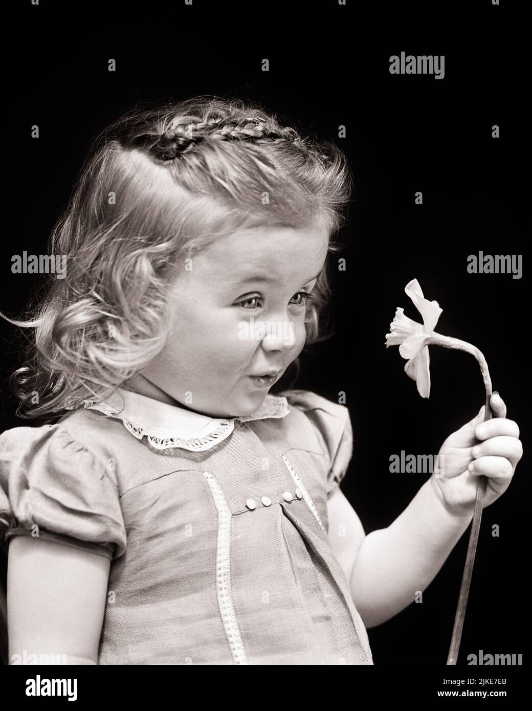1930s CUTE LITTLE GIRL TODDLER HOLDING A SINGLE DAFFODIL - j1428 HAR001 HARS PLEASANT AGREEABLE BRAIDS CHARMING GROWTH JUVENILES LOVABLE PLEASING ADORABLE APPEALING BABY GIRL BLACK AND WHITE CAUCASIAN ETHNICITY HAR001 OLD FASHIONED Stock Photo