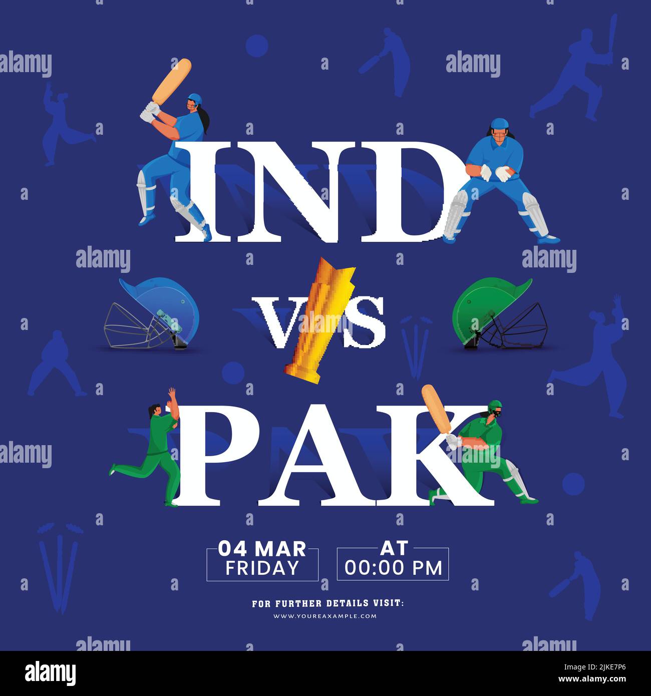 Cricket Match Between India VS Pakistan With Female Players Team, Attire Helmets And Golden Winning Trophy Cup On Blue Background. Stock Vector