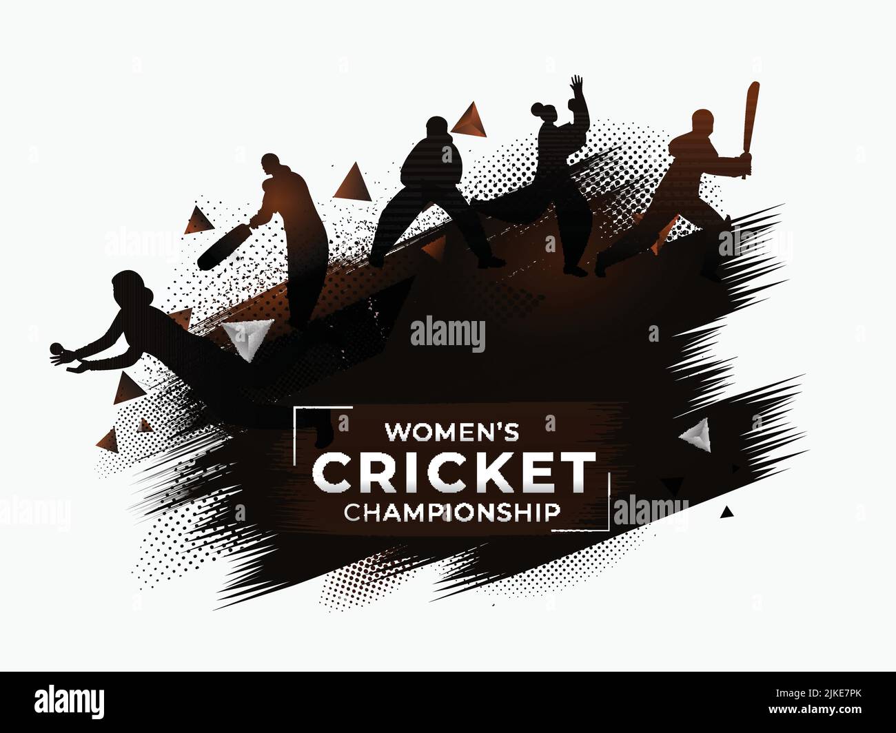 Silhouette Female Cricket Players In Different Poses With Brush Stroke Effect On Halftone White Background For Women's Cricket Championship. Stock Vector