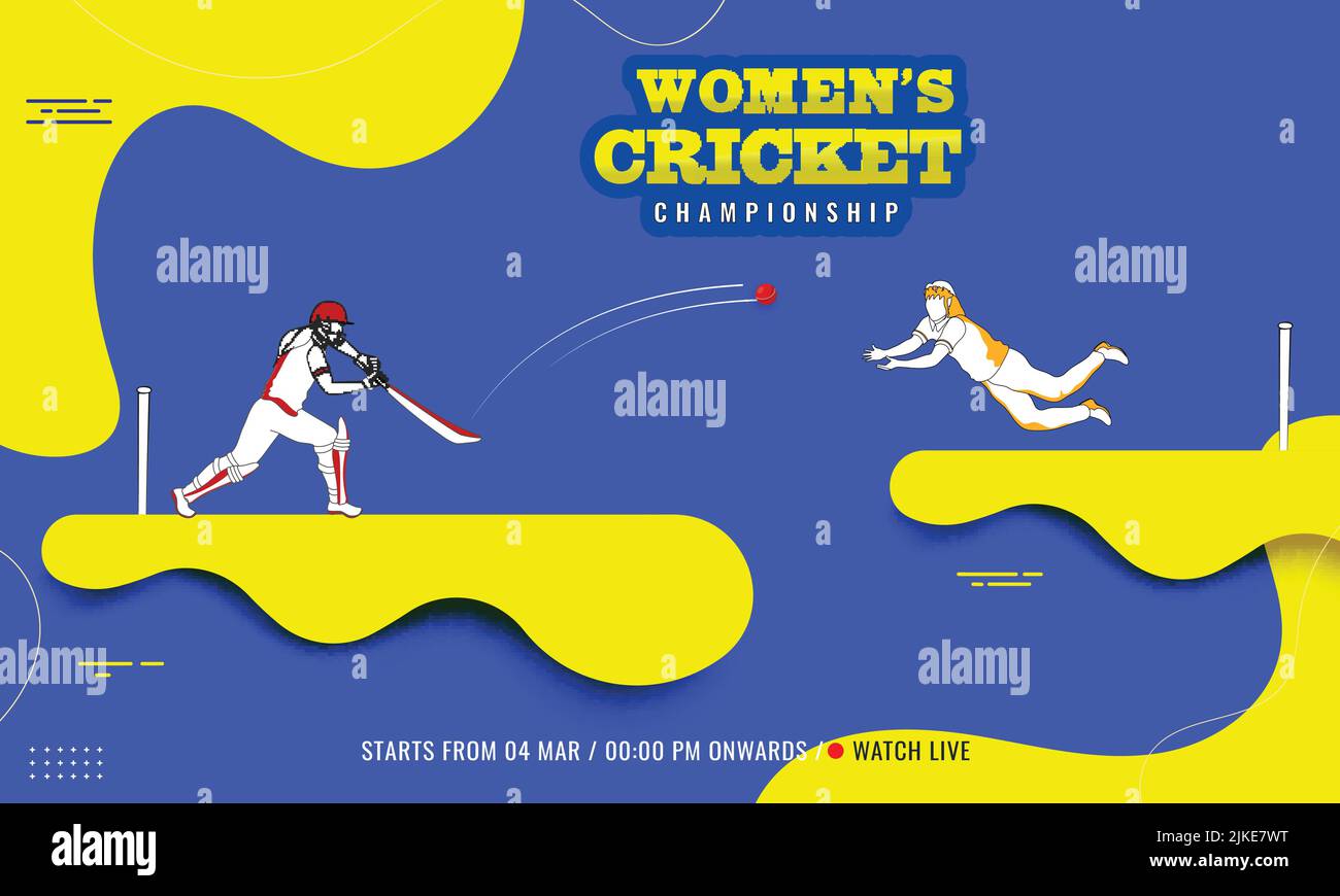 Sticker Style Women's Cricket Championship Text With Battle Player, Fielder Or Bowler In Action Pose On Yellow And Blue Background. Stock Vector