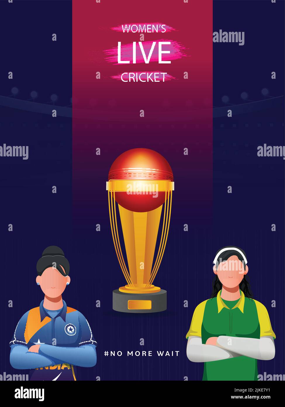 Watch Live Of Women's Cricket Match Between India VS South Africa With Faceless Players, 3D Winning Trophy Cup On Red And Blue Background. Stock Vector