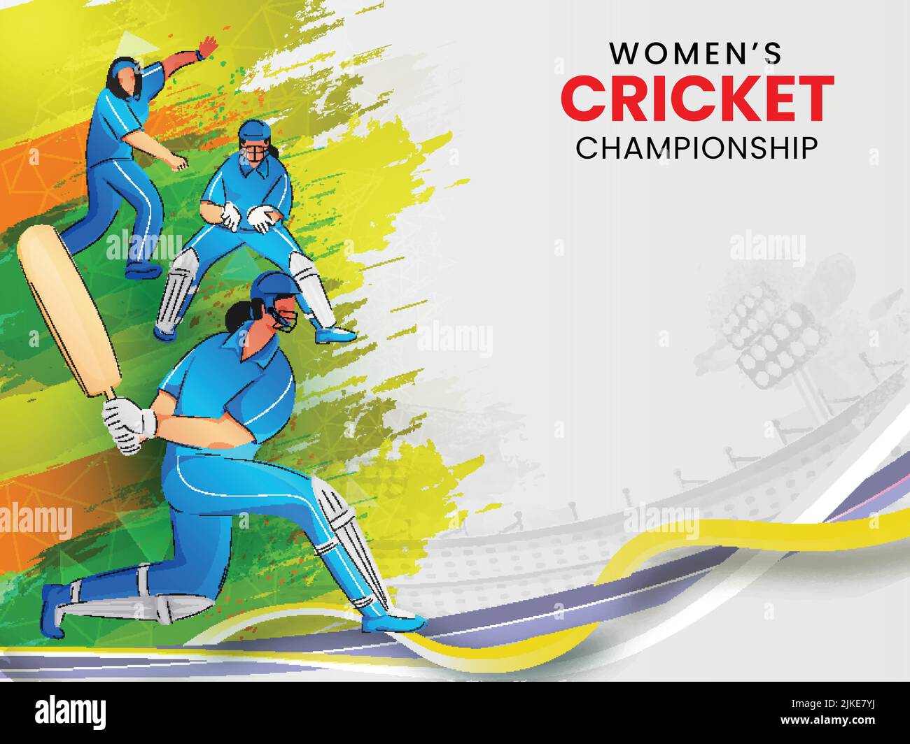 Women's Cricket Championship Concept With Faceless Female Players In Playing Pose And Brush Stroke Effect On Gray Stadium Background. Stock Vector