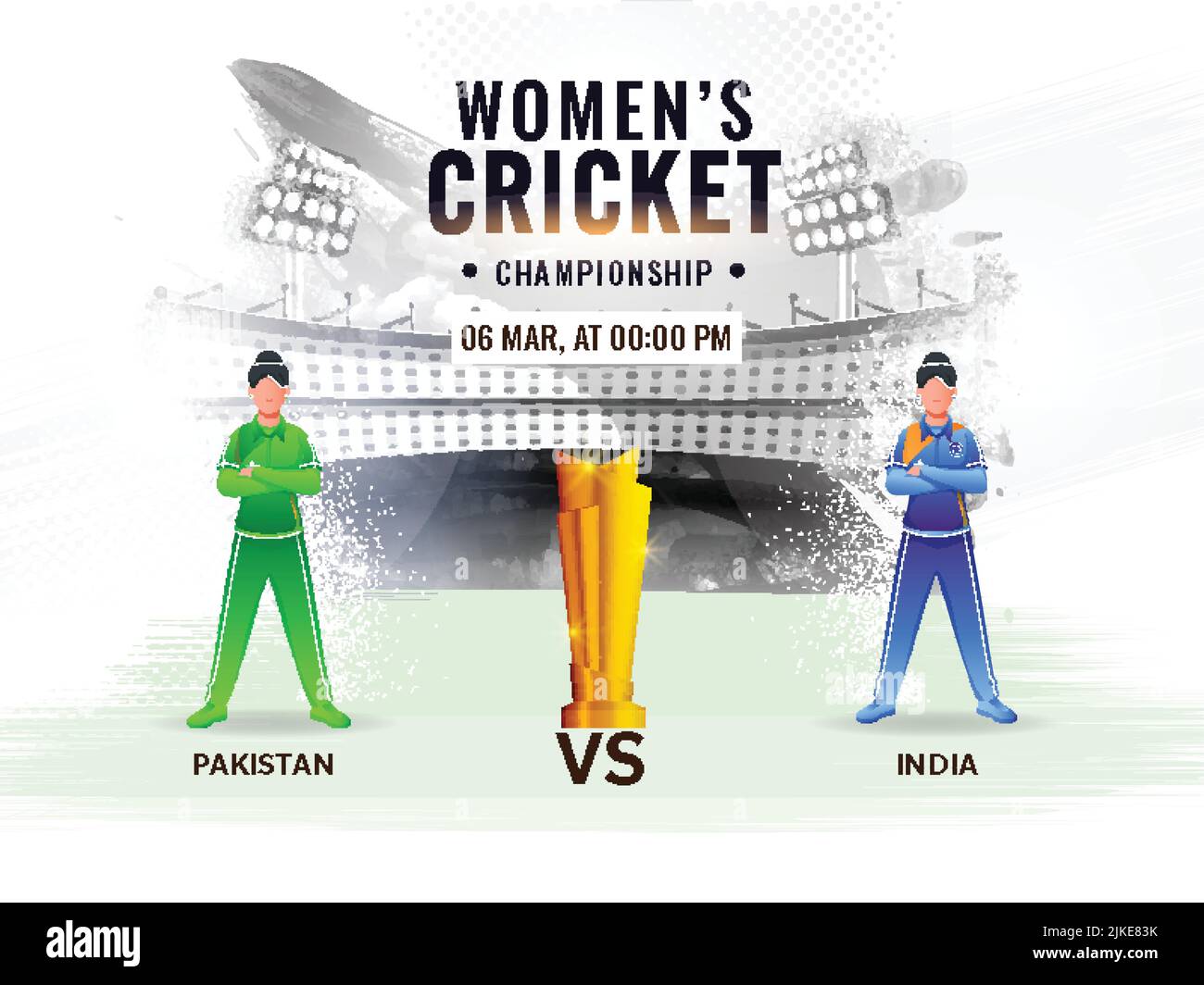 Women's Cricket Match Between Pakistan VS India With Faceless Players And Golden Trophy Cup On Abstract Grunge Stadium Background. Stock Vector