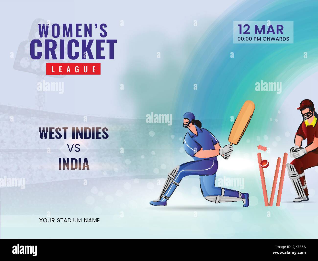 Women's Cricket Match Between West Indies VS India And Cricketer Players In Action Pose. Stock Vector