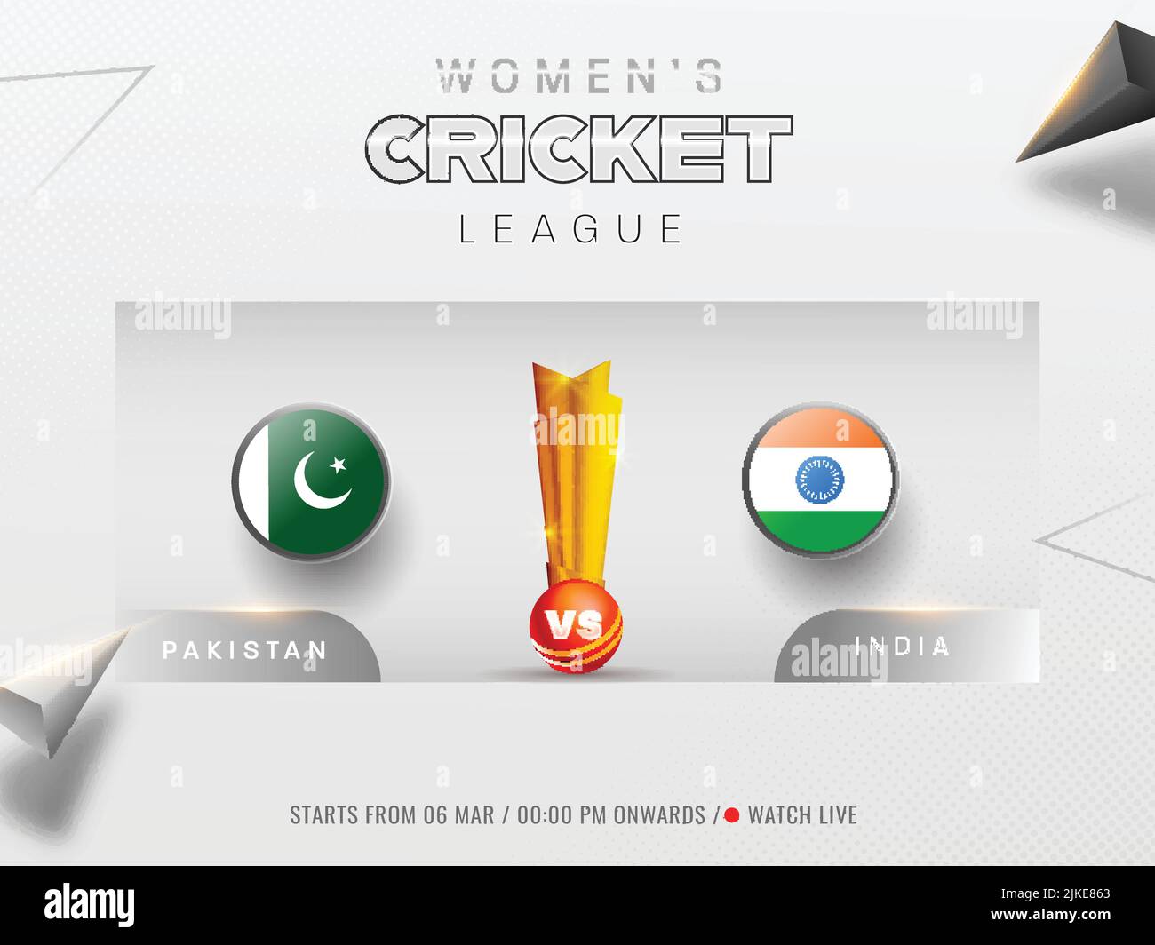 Womens Cricket Match Watch Live Show Of Participating Team Pakistan VS India, 3D Golden Winning Trophy Cup And Triangle Elements On Gray Background Stock Vector Image and Art