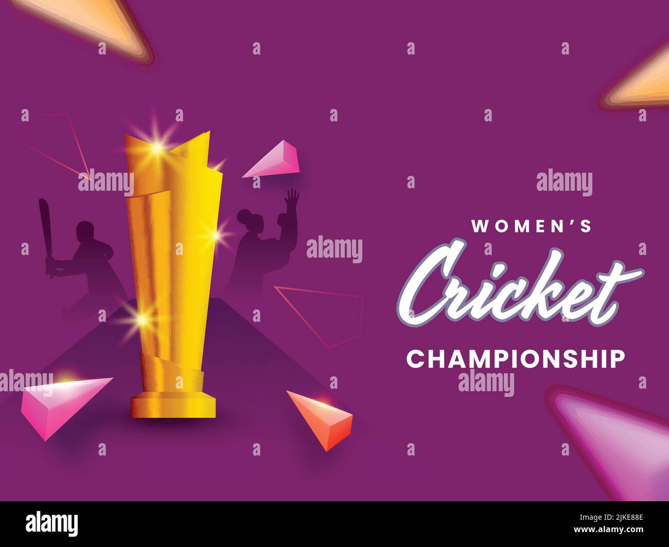 Women's Cricket Champinship Concept With Shiny Golden Winning Trophy Cup, Silhouette Cricketer Players And 3D Triangle Elements On Dark Pink Backgroun Stock Vector